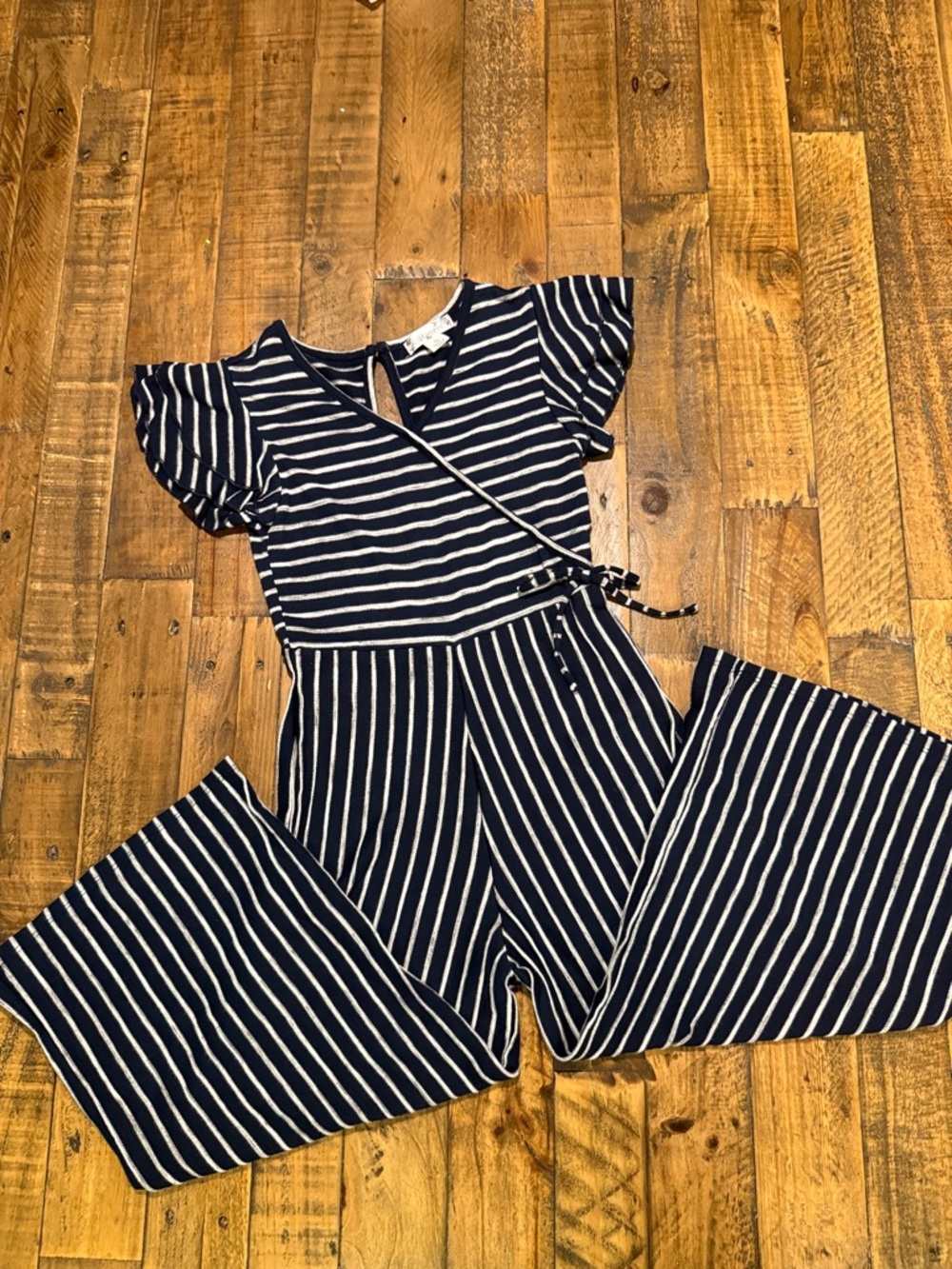 Knitworks Navy and White Striped Wrap-Style Jumpsuit